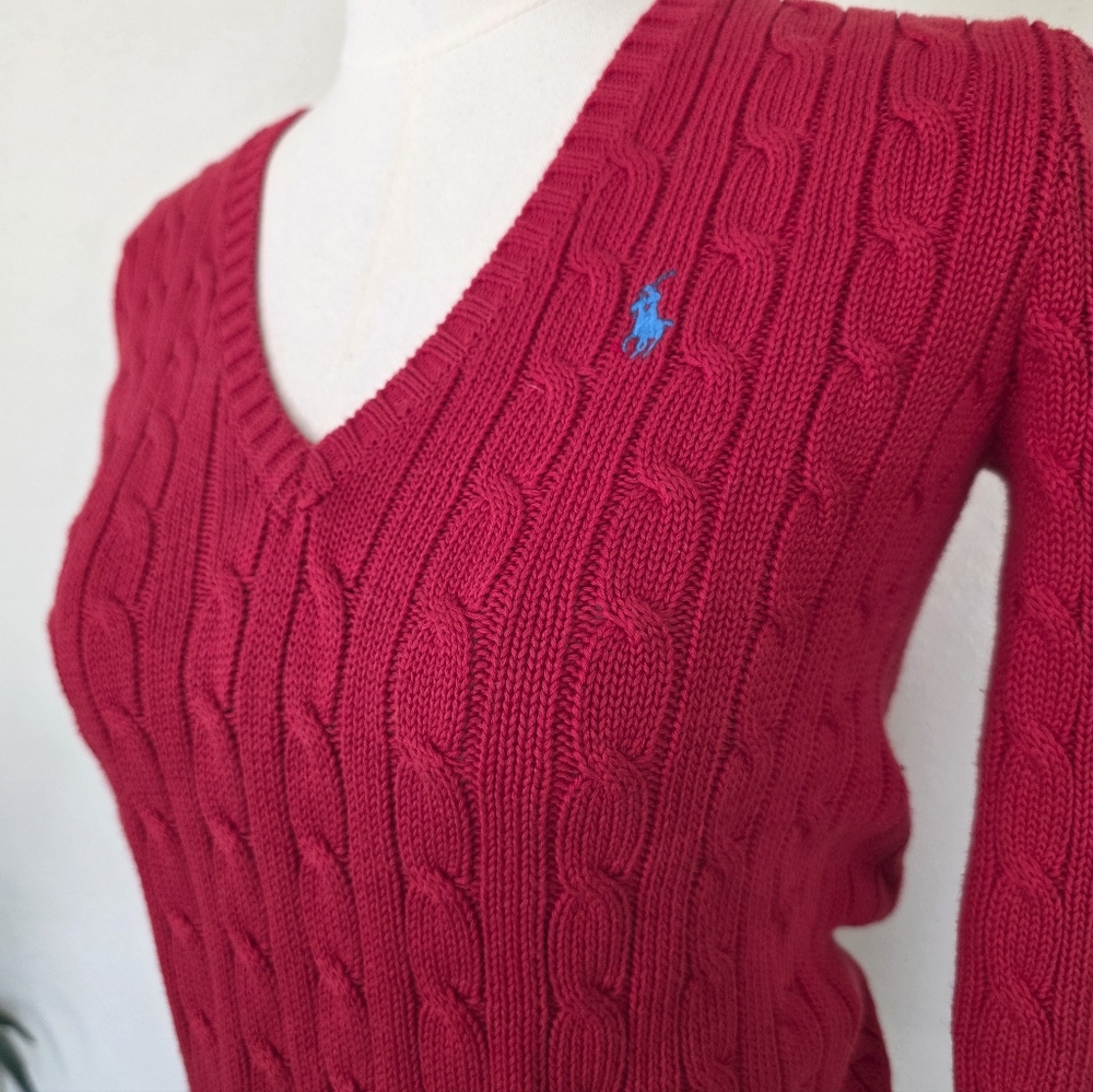 Ralph Lauren Sport Red Cable Knit Sweater Made in Hong Kong M Vintage